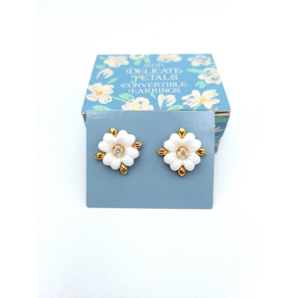 Avon White and Gold Floral Convertible Stud Earrings